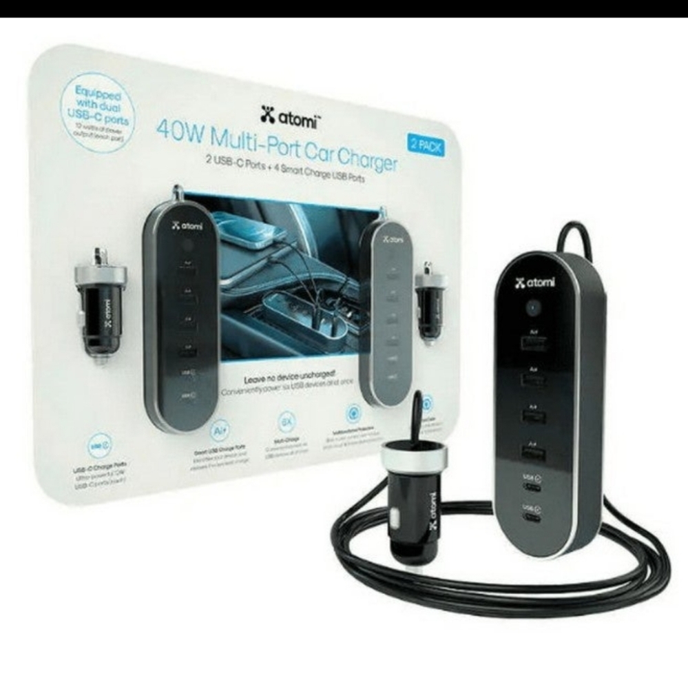 Atomi 40W 12V USB Charger, 2-pack new car phone chargers